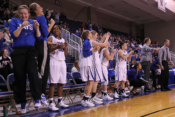 The Creighton Bluejays bench celebrates