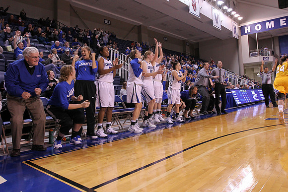 The Creighton bench erupts after a made shot